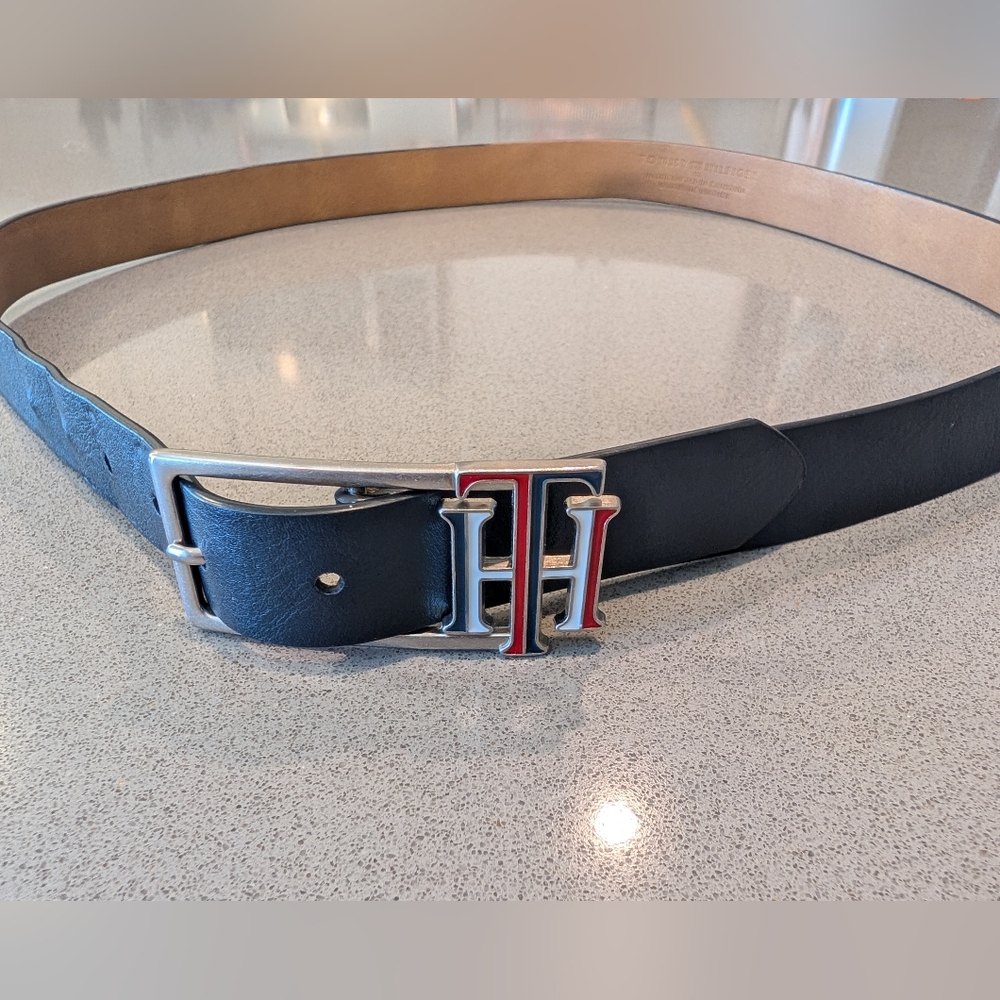 Tommy Hilfiger Black and Tan Belt with Silver Buckle